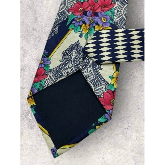 V2 BY VERSACE Silk Tie ITALY Navy Beige Gray Geometric Floral W:3.7" EUC - Picture 4 of 5